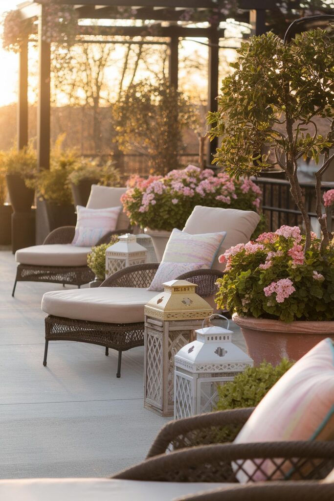 Chic patio with wicker chairs, pink flowers, and lanterns at sunset, creating a serene outdoor retreat.