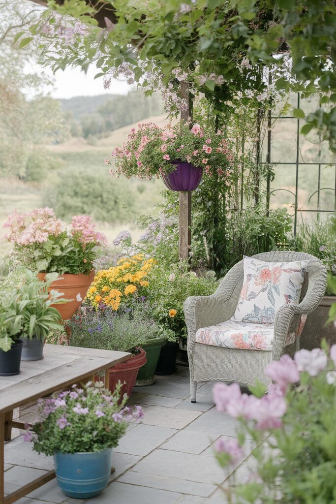 Cozy garden patio with flowers, wicker chair, and floral cushion under greenery. Relaxing outdoor retreat.
