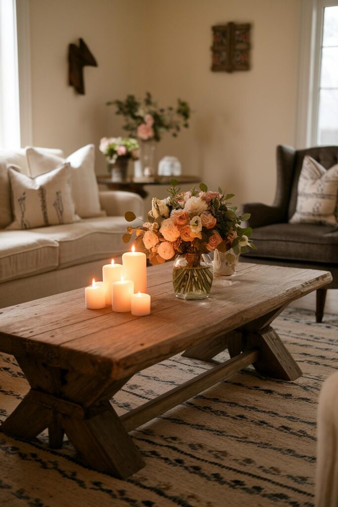 Cozy living room with candles and floral centerpiece on rustic wooden coffee table.