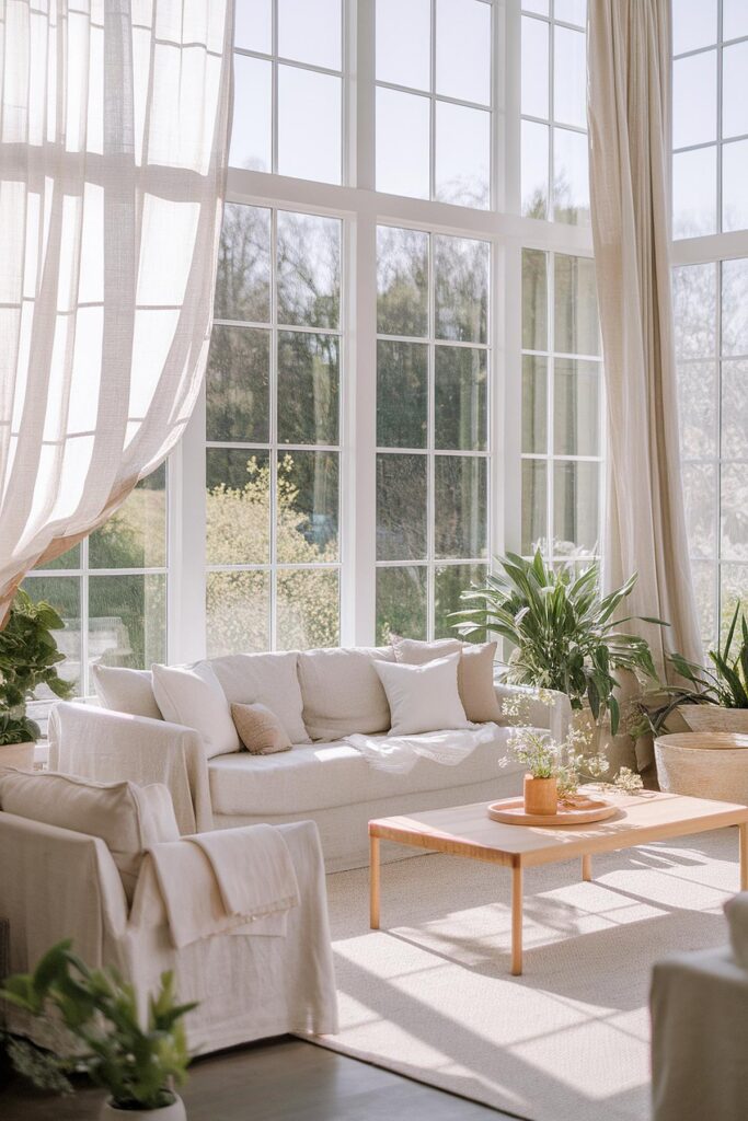 Bright sunlit living room with large windows, neutral furniture, and indoor plants for a serene ambiance.