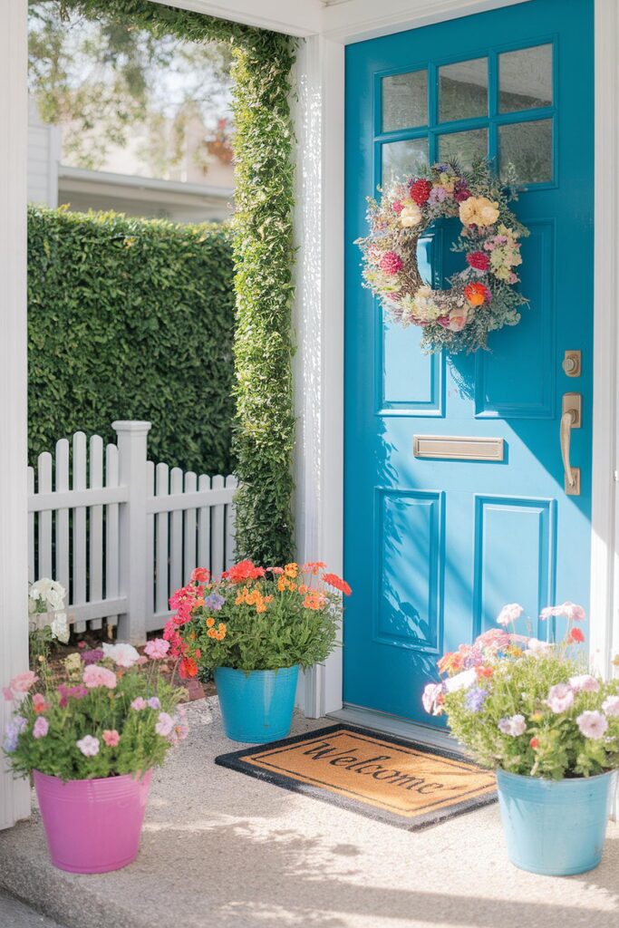 Blue door with a floral wreath and potted flowers, welcoming entrance with a Welcome mat and white picket fence.