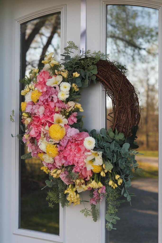 Spring floral wreath with pink, yellow, and white flowers on a door, showcasing vibrant seasonal decor.