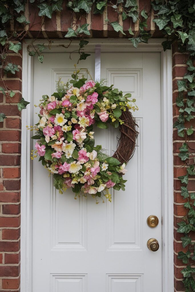 Floral wreath with pink and white flowers on a white door, surrounded by ivy on a brick wall.