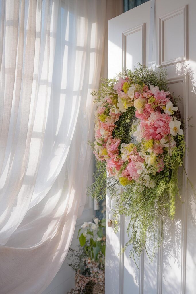 Floral wreath on white door with sunlight streaming through sheer curtains, creating a serene atmosphere.