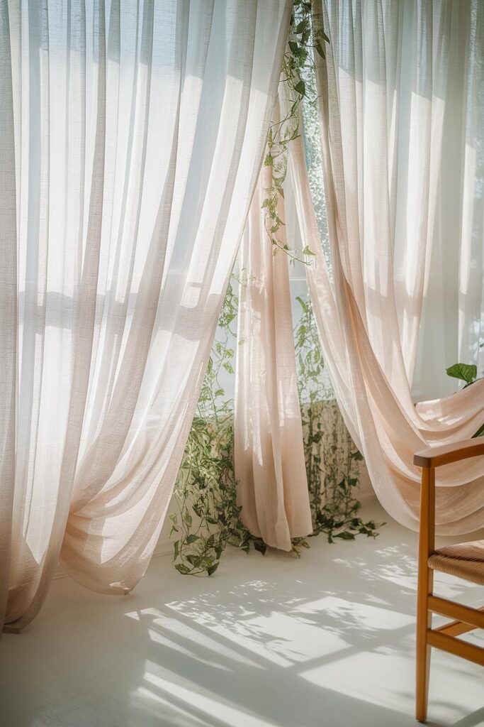 Elegant sheer curtains with sunlight and greenery, next to a wooden chair. Cozy interior design.
