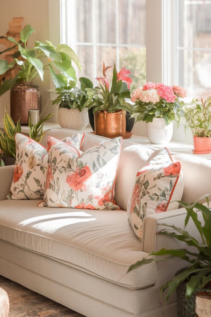 Cozy beige sofa with floral cushions and vibrant potted plants by a sunny window, creating a warm, inviting space.