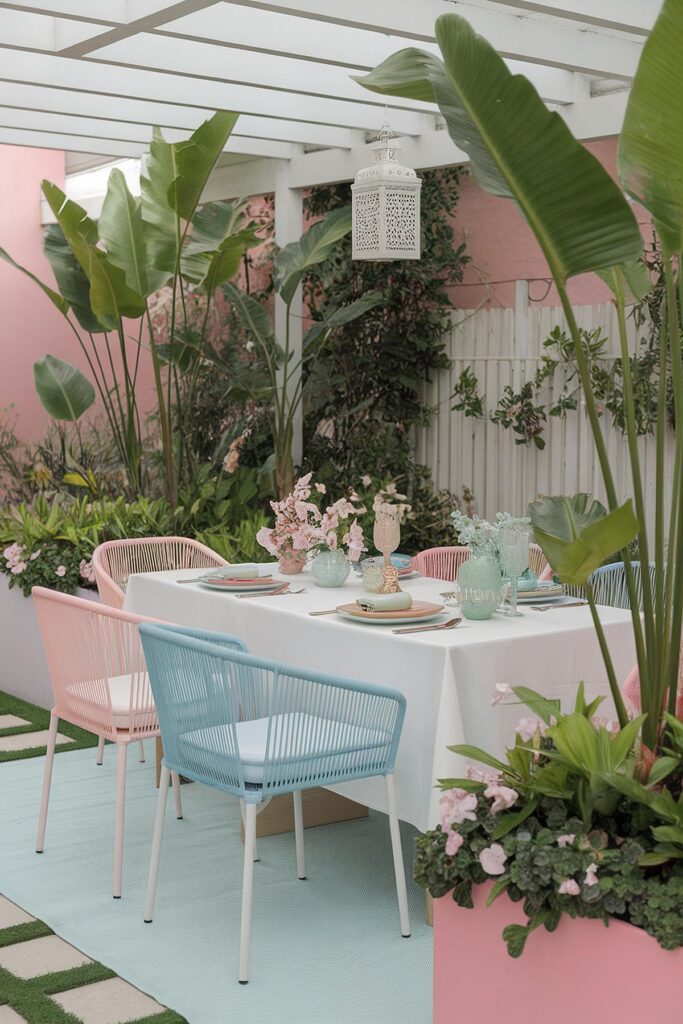 Outdoor garden dining table with pastel chairs, floral centerpiece, and tropical plants under pergola. Elegant setup.