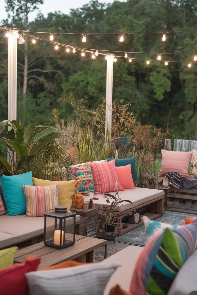 Cozy outdoor patio with colorful pillows, string lights, and lantern, surrounded by greenery. Ideal for summer evenings.
