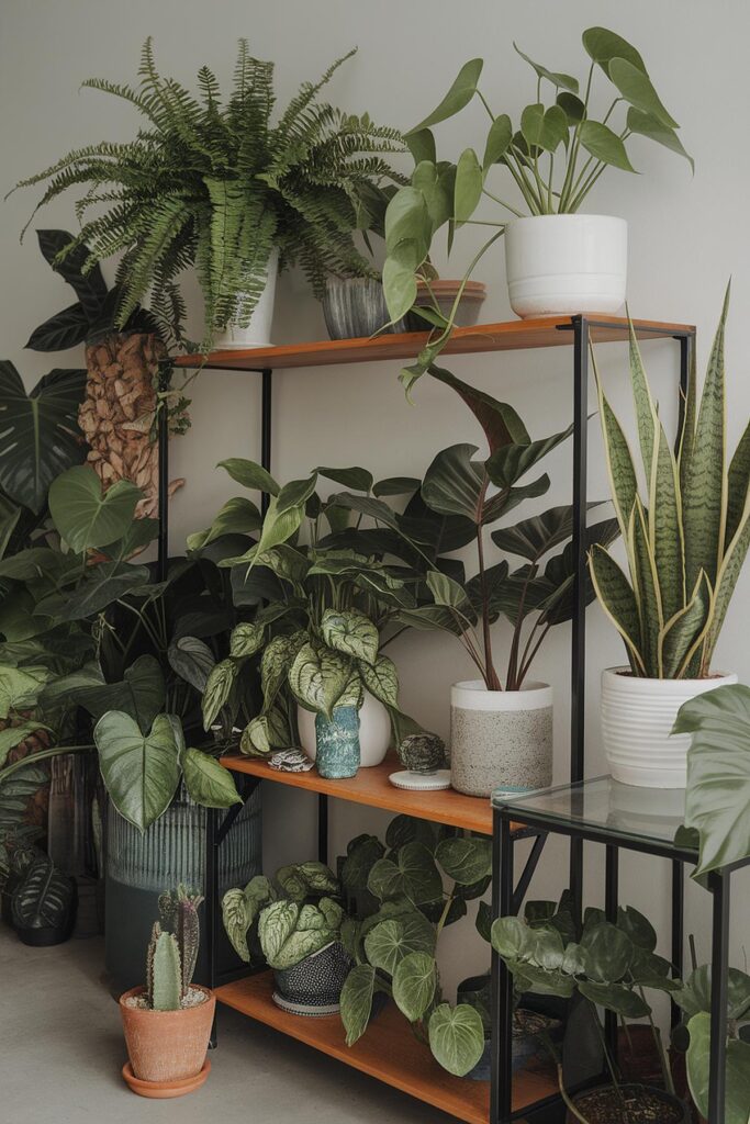 Indoor plant shelf with various green houseplants in decorative pots, creating a lush and vibrant home décor display.