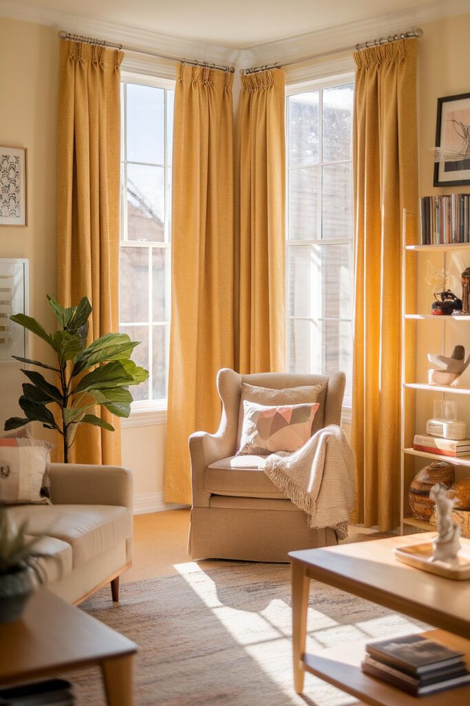 Cozy living room corner with armchair, yellow curtains, and sunlight streaming through large windows.