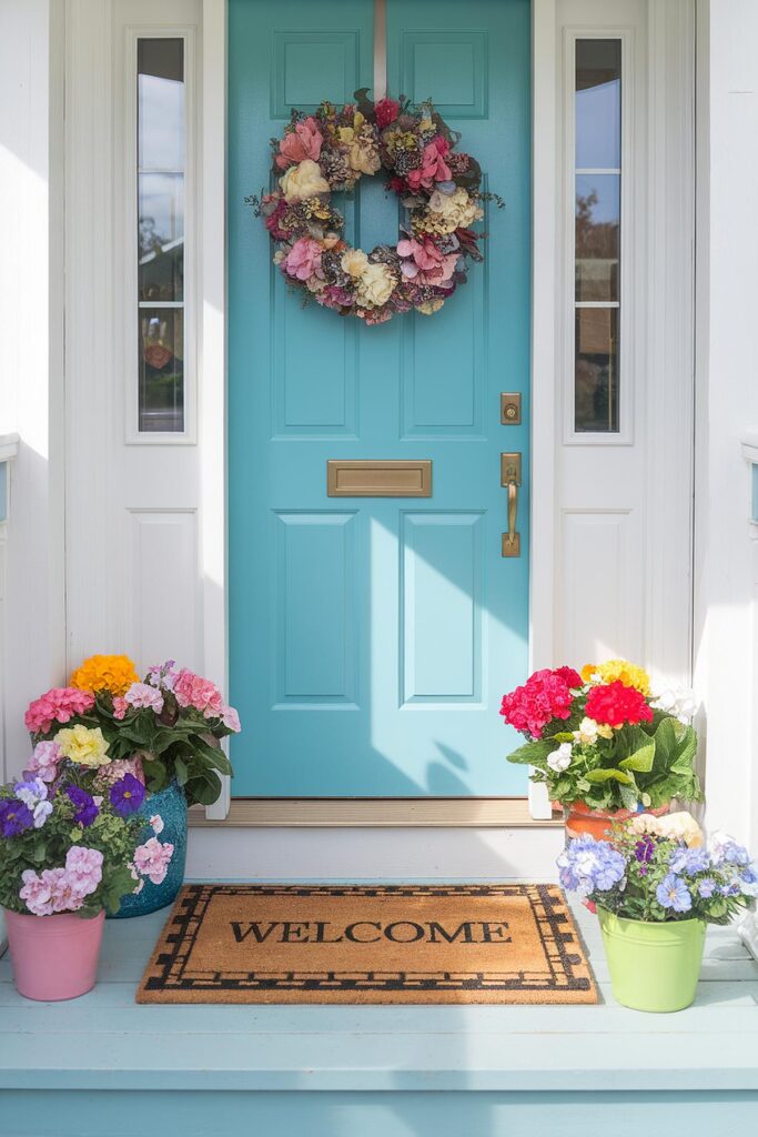Turquoise door with floral wreath and welcome mat, surrounded by vibrant potted flowers for a warm, inviting entrance.