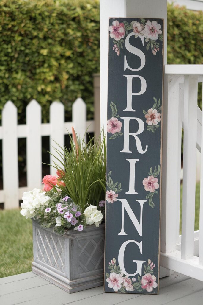 Decorative spring sign with flowers beside a planter on a porch, against a white picket fence.