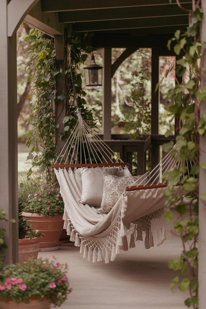 Cozy hammock with cushions on a porch, surrounded by lush greenery and potted flowers.