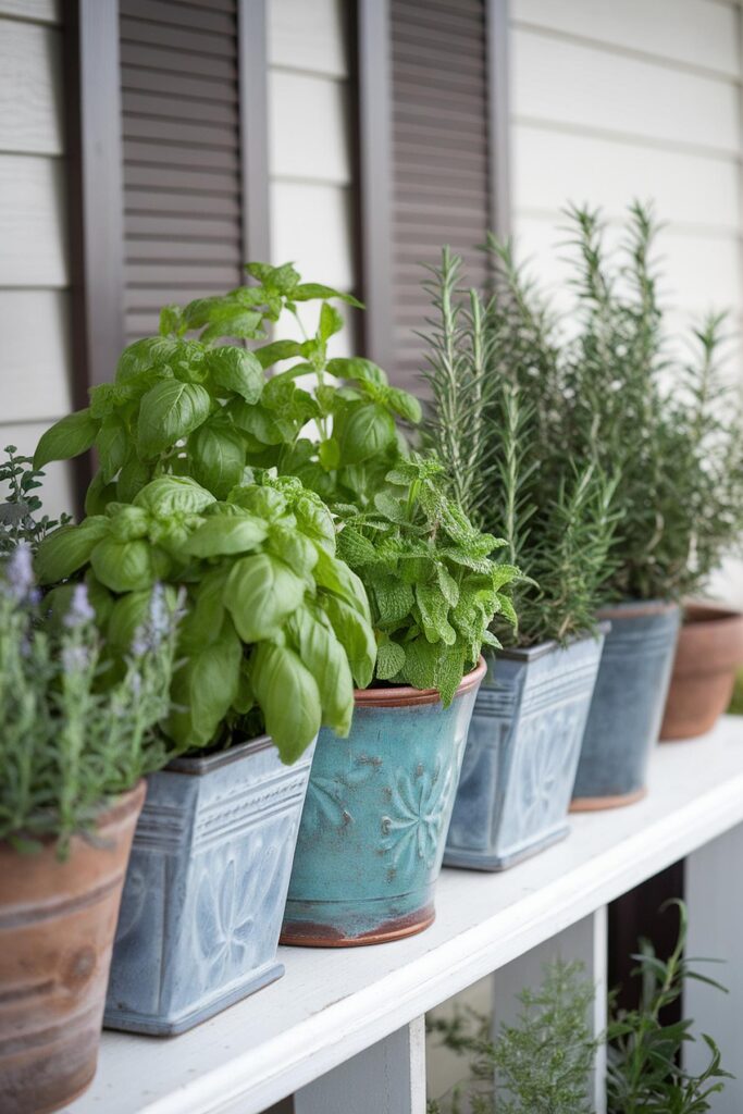 Potted fresh herbs including basil and rosemary on a shelf, perfect for a home garden or kitchen decor inspiration.