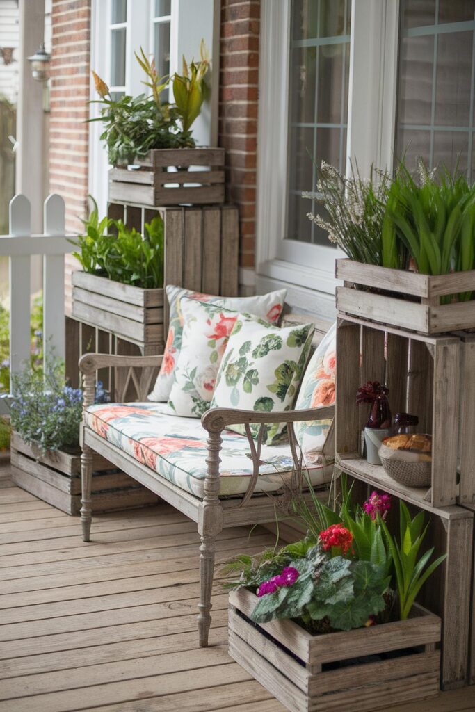 Cozy porch with floral cushions on a vintage bench, surrounded by lush potted plants and rustic wooden crates.