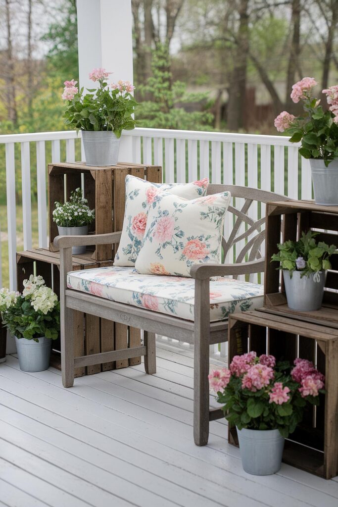 Cozy patio bench with floral cushions, surrounded by potted pink and white flowers on a wooden deck.