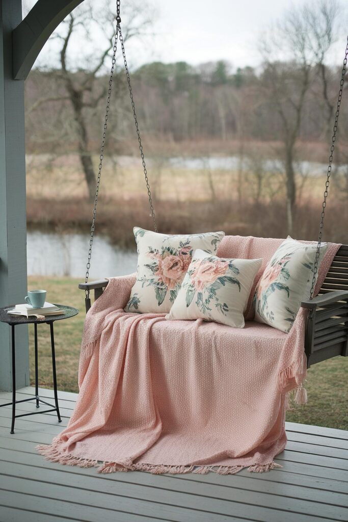 Cozy porch swing with floral pillows and pink blanket, next to a table with a teacup and book, overlooking a serene forest.