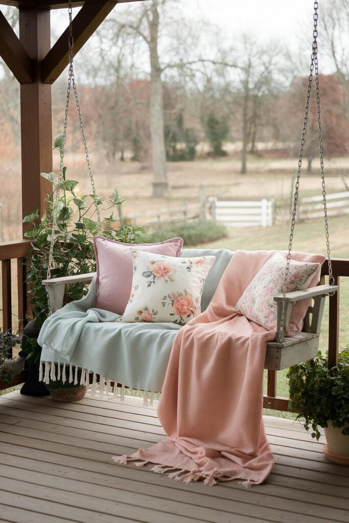 Cozy porch swing with floral pillows and pastel blankets, surrounded by plants and a tranquil garden view.