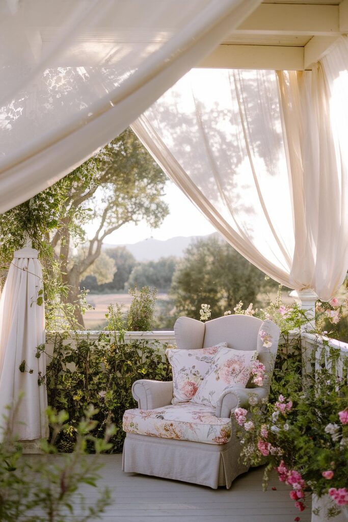 Cozy armchair with floral cushions on a sunlit veranda surrounded by lush greenery and flowing white curtains.