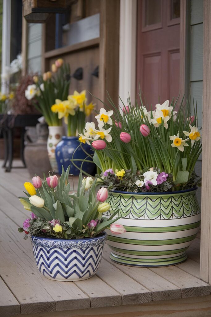 Colorful spring flowers in decorative pots on a wooden porch, featuring tulips and daffodils in bloom.
