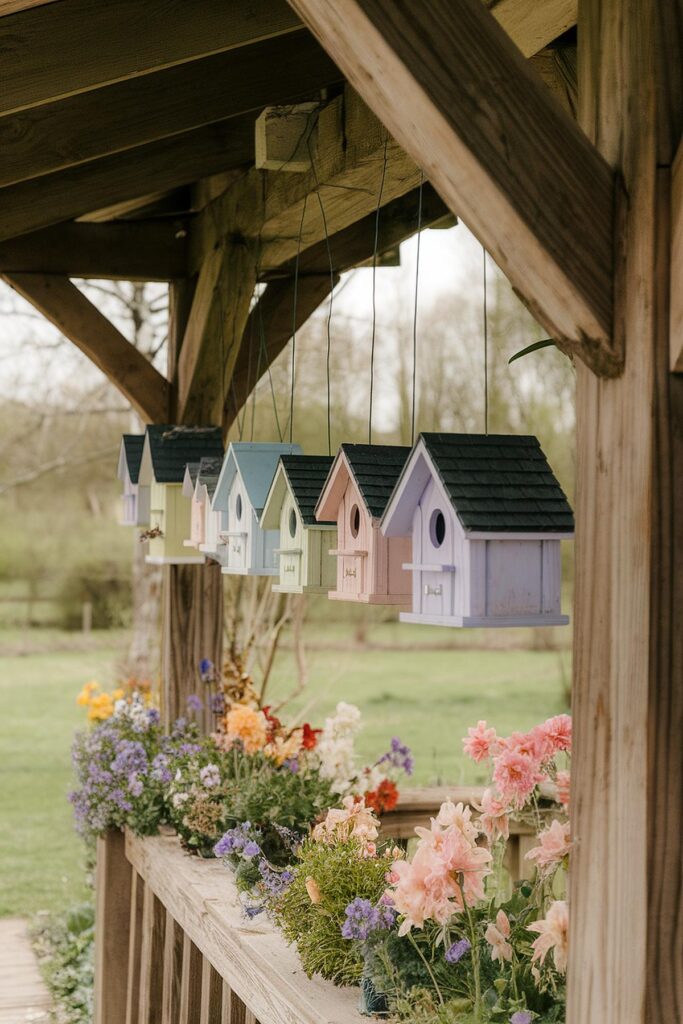 Colorful birdhouses hanging on a wooden porch with vibrant flowers below in a garden setting.