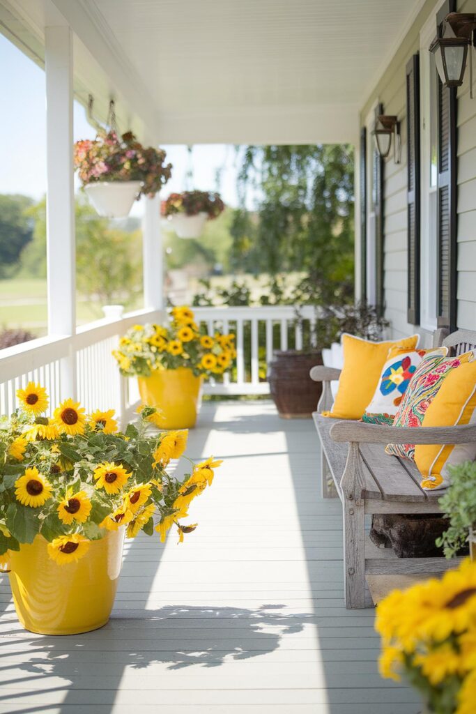 Sunny porch decorated with vibrant sunflowers and colorful cushions on a wooden bench, creating a cozy outdoor space.