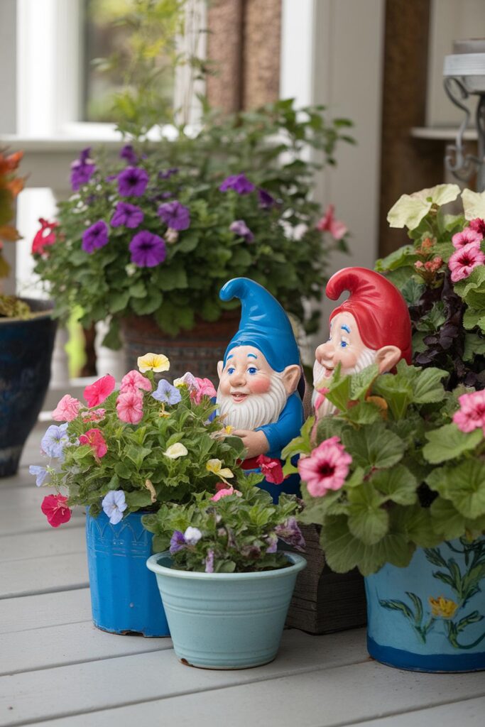 Colorful garden gnomes surrounded by vibrant potted flowers on a porch. Perfect outdoor decor inspiration.