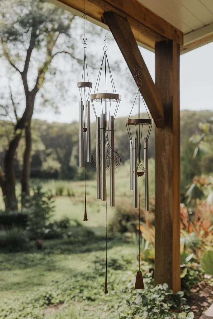 Hanging wind chimes on a wooden porch with a lush garden background, evoking tranquility and nature's melody.