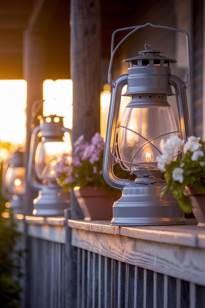 Vintage lanterns and flowers on porch at sunset, creating a warm and rustic ambiance.