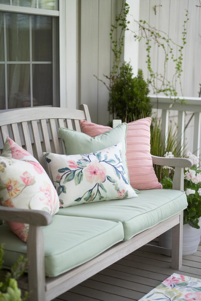 Cozy porch bench with floral and pastel pillows, perfect for relaxing outdoors in style.