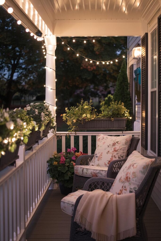 Cozy porch with string lights, floral cushions, and plants, creating a warm, inviting outdoor seating area at dusk.