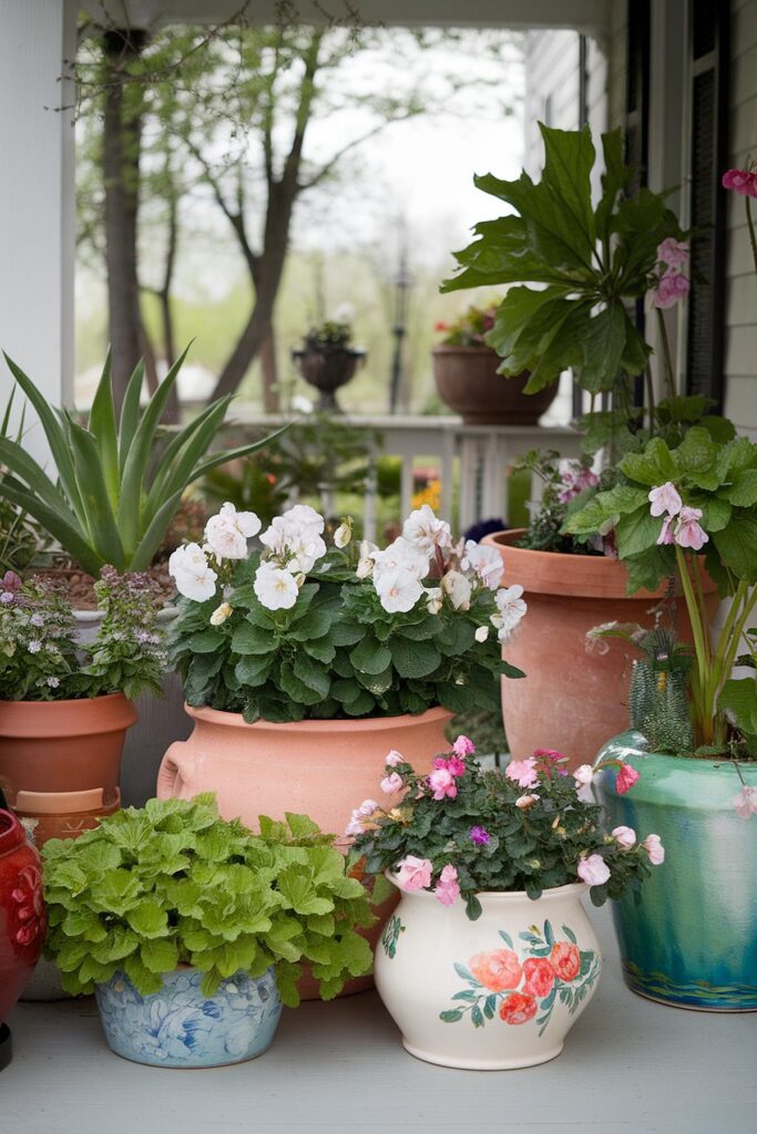Colorful potted flowers and plants on a porch with lush greenery in the background.