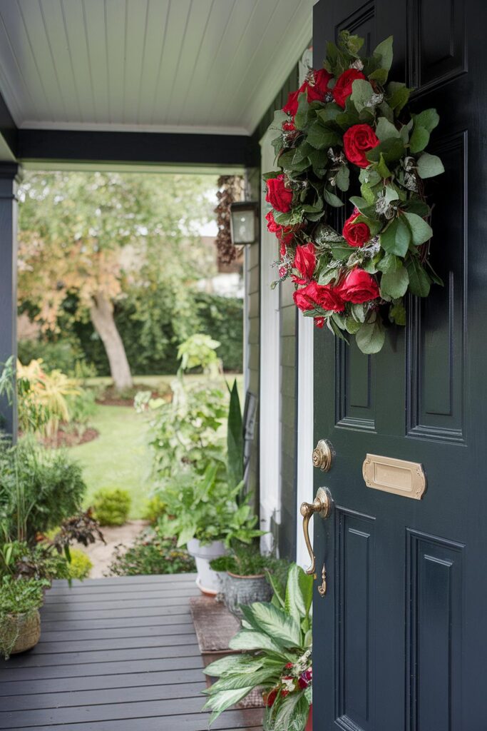 Front door with red floral wreath, opening to a lush garden pathway and inviting entryway.