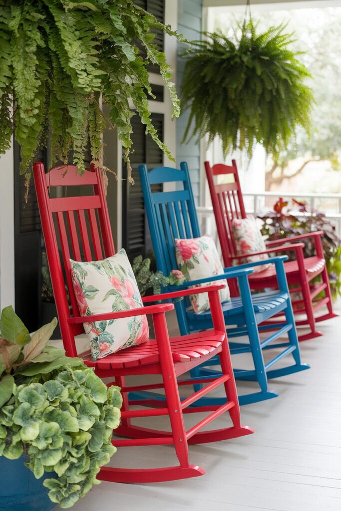 Vibrant red and blue rocking chairs on a porch, adorned with floral cushions and lush hanging ferns.