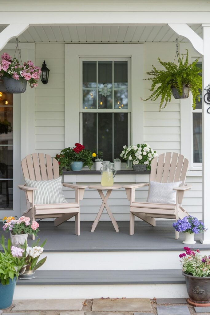 Charming porch with Adirondack chairs, flowers, and a lemonade pitcher on a table. Cozy garden decor.