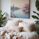 Cozy bedroom with beige bedding, framed landscape painting, and green plants for a serene and inviting ambiance.