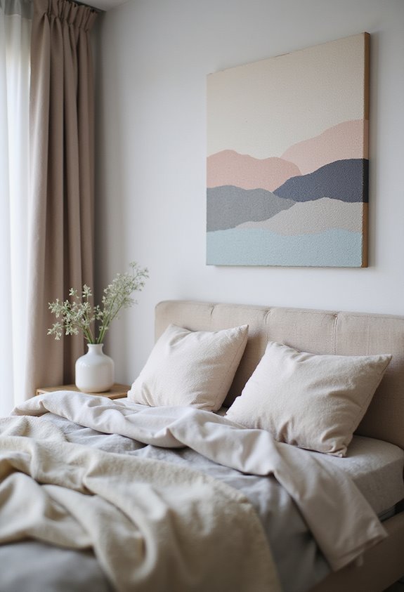 Modern bedroom with cozy beige bedding, minimalist art, and natural light. Serene and stylish interior design.