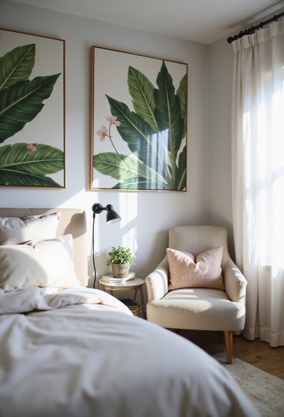 Cozy bedroom with botanical artwork, soft armchair, and natural light streaming through curtains.