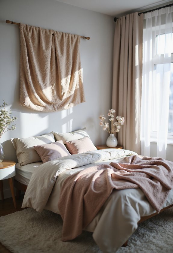 Cozy bedroom with soft pink bedding, decorative wall fabric, and light streaming through a window onto plush carpet.