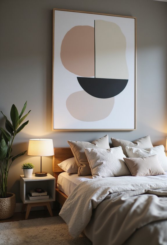 Modern bedroom with abstract art, cozy bedding, bedside lamp, and potted plant for a stylish, serene atmosphere.