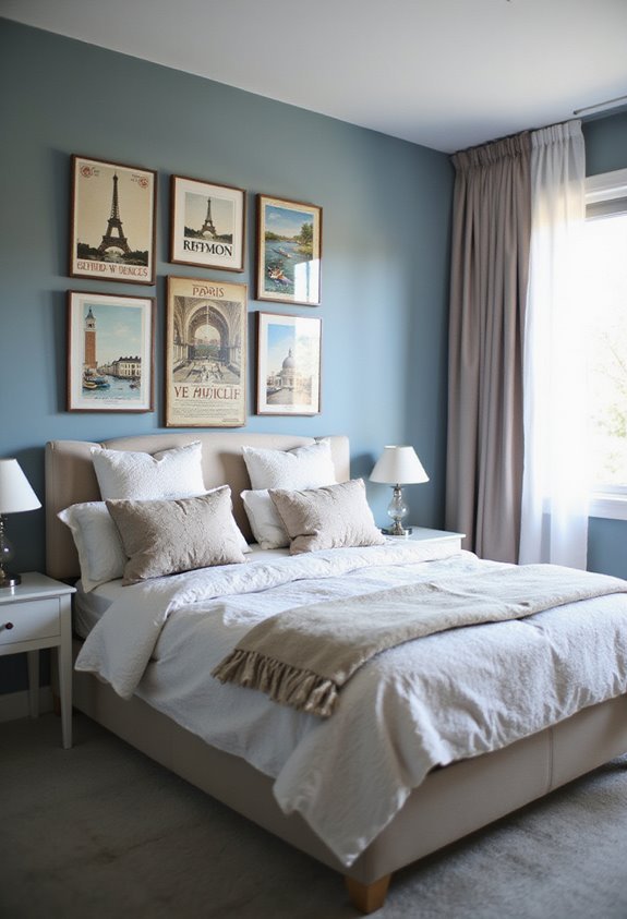 Cozy bedroom with blue wall, framed travel posters, beige bed, and soft pillows. Bright, elegant decor.