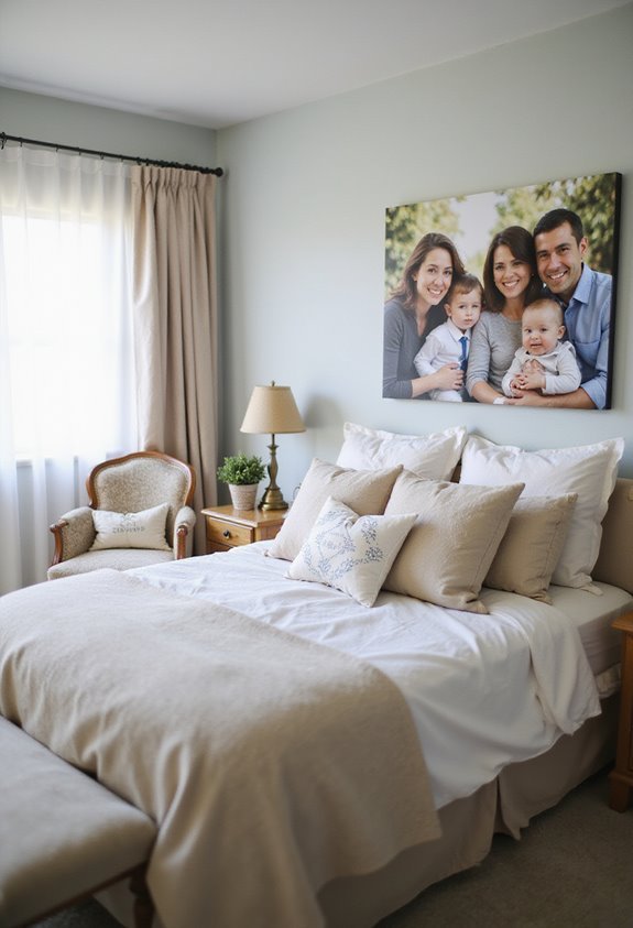 Cozy bedroom with a neatly made bed, elegant decor, and a family portrait on the wall.