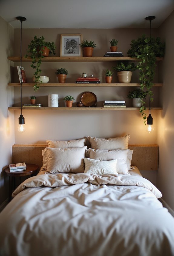 Cozy bedroom with neutral bedding, wooden shelves, plants, books, and hanging lights for a warm and inviting atmosphere.