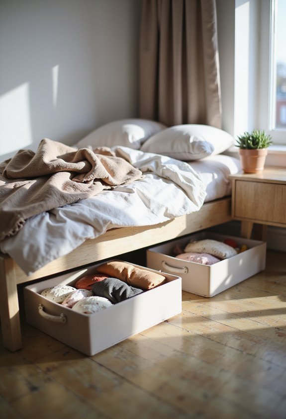 Cozy bedroom with under-bed storage drawers, soft bedding, and natural light. Efficient use of space in a modern setting.
