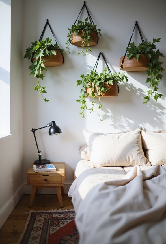 Cozy bedroom with wall-mounted plants, a wooden nightstand, and soft bedding. Natural light brightens the space.