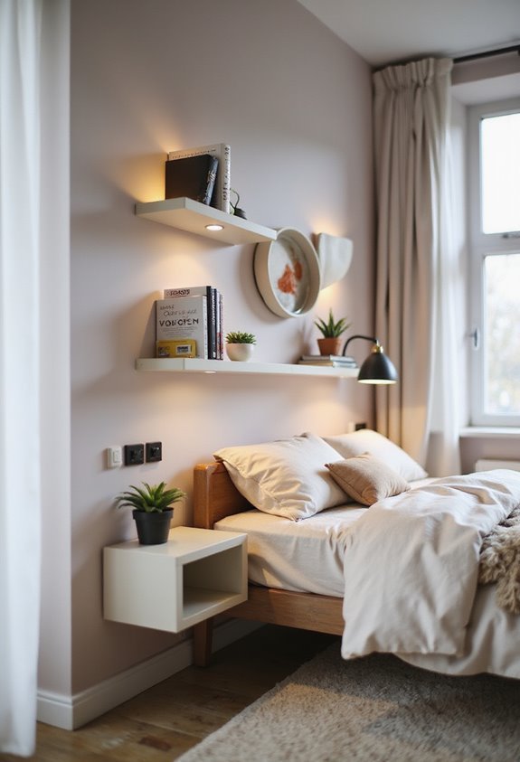 Minimalist bedroom with cozy bed, floating shelves, stylish decor, and indoor plants for a modern, serene ambiance.