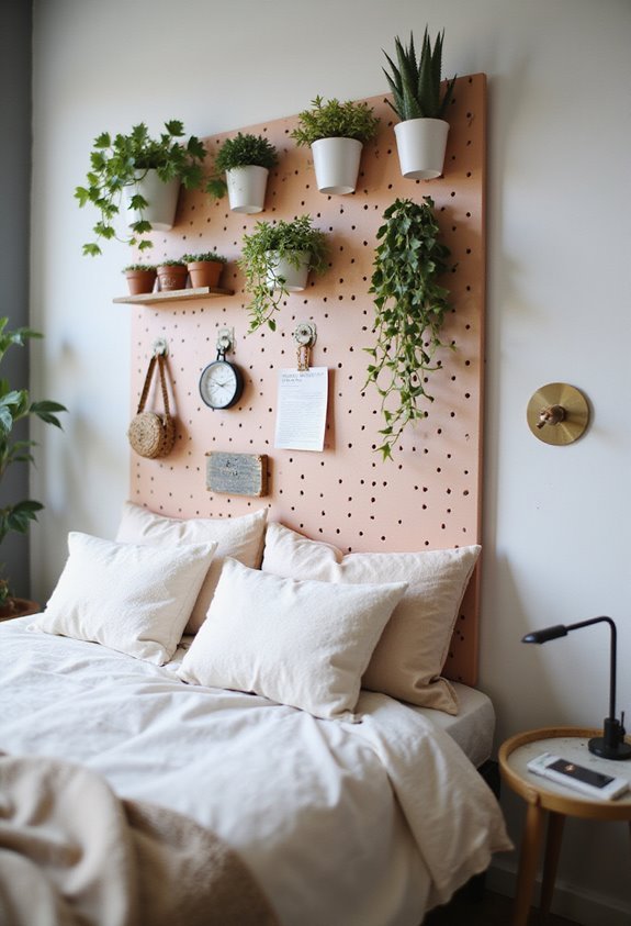 Cozy bedroom with peach pegboard headboard, plants, and shelves for decor. Bright, modern, and inviting interior design.
