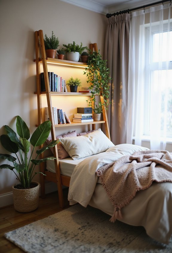 Cozy bedroom with a wooden shelf, books, and plants, next to a bed with pillows and a pink blanket by a window.