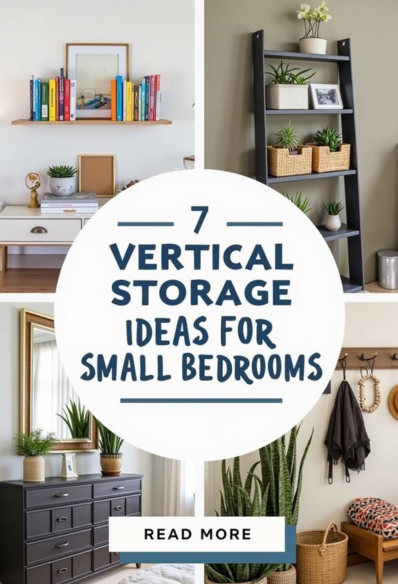 Vertical storage ideas for small bedrooms, featuring shelves and plants, enhancing space efficiency and style.