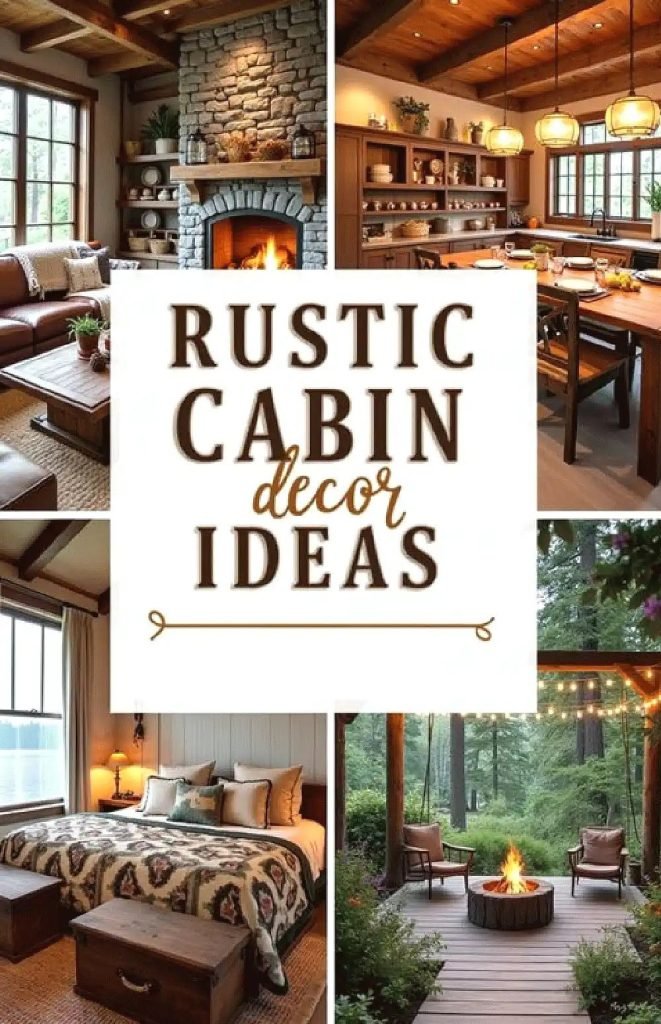 Rustic cabin decor ideas showcasing cozy living, dining, and bedroom spaces with a warm, natural design aesthetic.